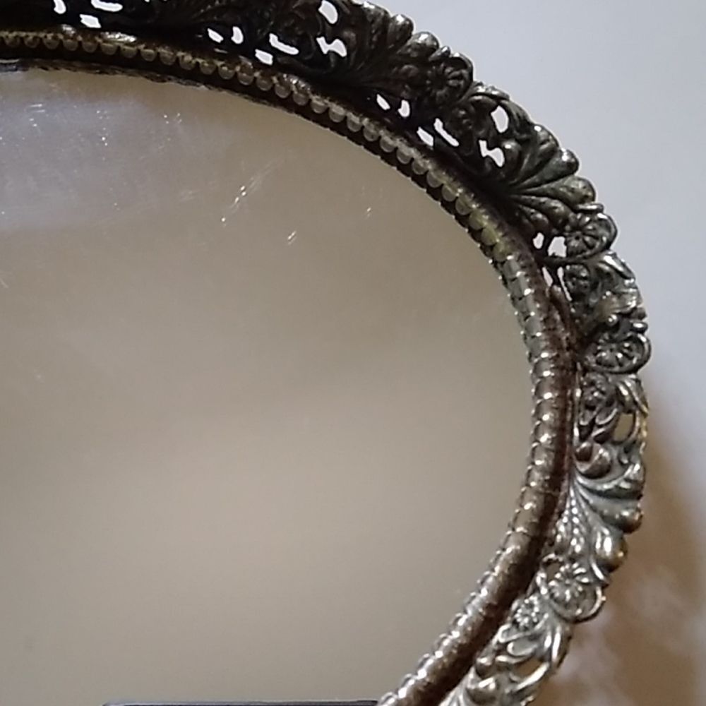 By Sale Vintage Oval Tone Gold Brass Vanity Perfume Tray Mirror - Picture 4 of 8